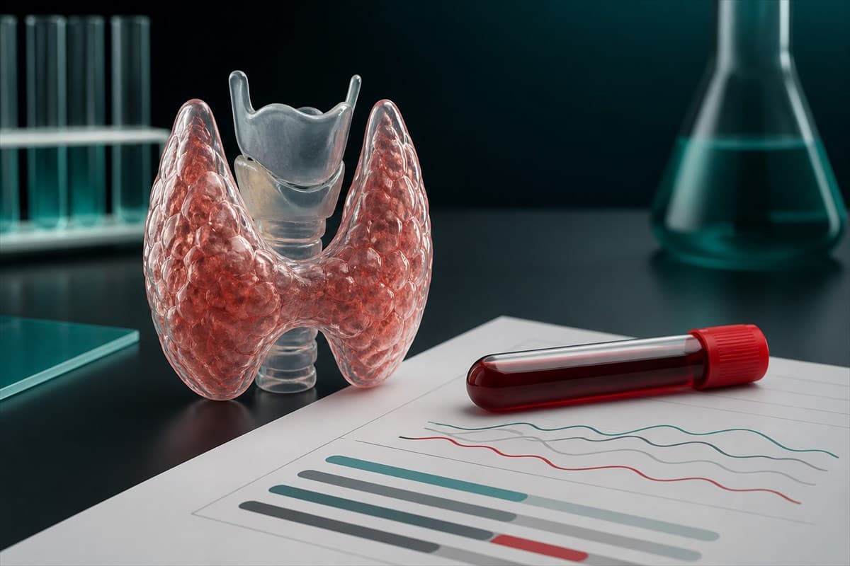 نموذج تشريحي للغدة الدرقية مع عينة دم وورقة نتائج مختبرية